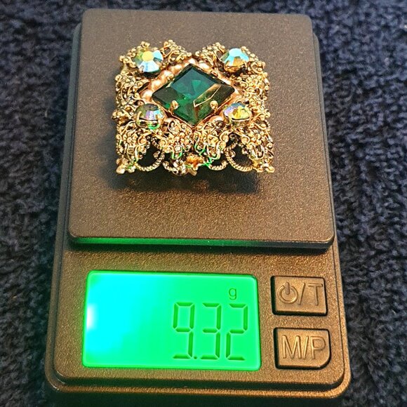 🌟 Fabulous Vintage Germany Brooch – Emerald Green Glass, AB Crystals & Pearls - Picture 11 of 11
